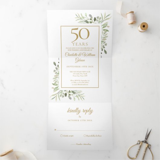 Invitation Trois Volets 50e Anniversaire d'or Mariage photo vert (Intérieur)