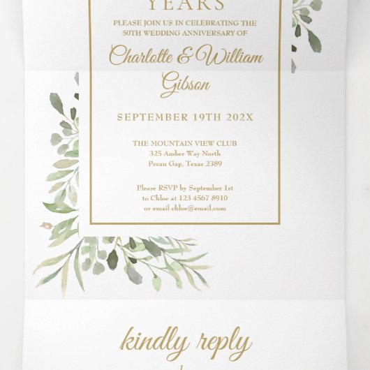 Invitation Trois Volets 50e Anniversaire d'or Mariage photo vert (Intérieur au milieu)