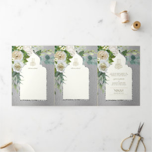 Invitation Trois Volets 6 pg NIKAH WALIMAH Blanc vert Mariage argent