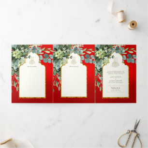 Invitation Trois Volets 6 pg NIKAH WALIMAH Mariage de verdure rouge or 6pg
