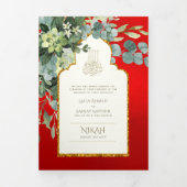 Invitation Trois Volets 6 pg NIKAH WALIMAH Mariage de verdure rouge or 6pg (Page de couverture)