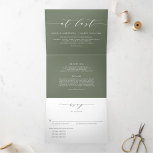Invitation Trois Volets À Dernier Taupe Green Minimalist Script Mariage