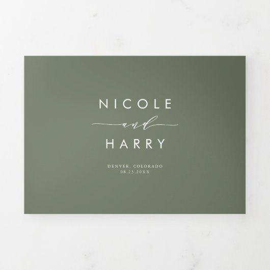 Invitation Trois Volets À Dernier Taupe Green Minimalist Script Mariage (Page de couverture)