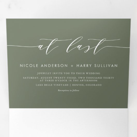 Invitation Trois Volets À Dernier Taupe Green Minimalist Script Mariage (Intérieur en premier)