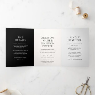 Invitation Trois Volets Addison Noir Blanc Gris Classique Mariage élégant