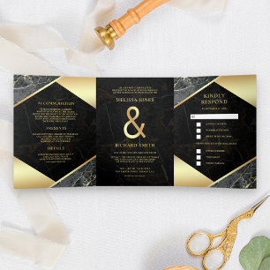 Invitation Trois Volets Ampersand de mariage moderne en marbre gris charbo