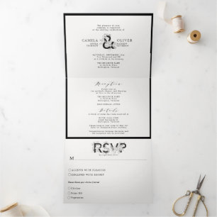 Invitation Trois Volets Ampersand floral noir et blanc Tout en un Mariage
