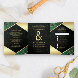 Invitation Trois Volets Ampersand Mariage en marbre vert émeraude