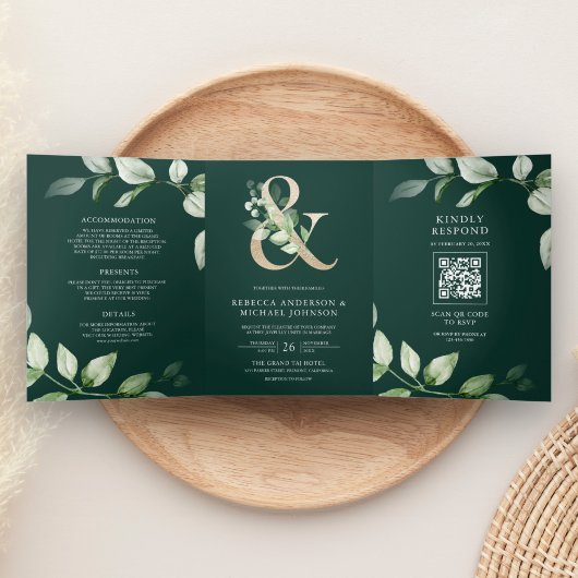 Invitation Trois Volets Ampersand or vert QR Code Emerald Mariage
