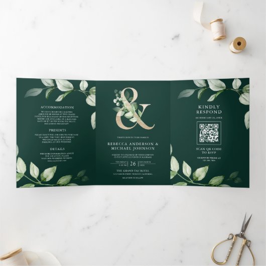 Invitation Trois Volets Ampersand or vert QR Code Emerald Mariage (Intérieur)