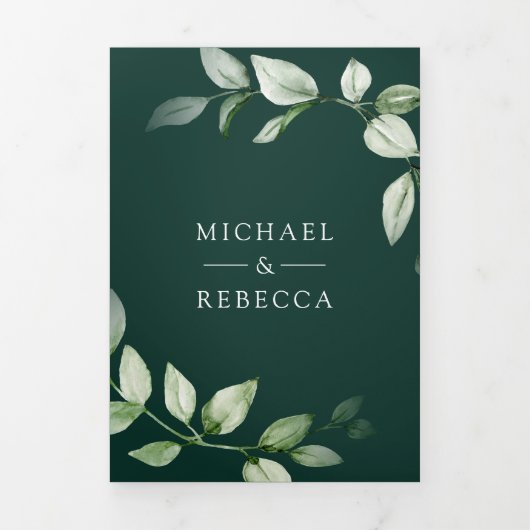 Invitation Trois Volets Ampersand or vert QR Code Emerald Mariage (Page de couverture)