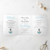 Invitation Trois Volets Ancre bleu aquarelle fleurs nautique mariage (Intérieur)