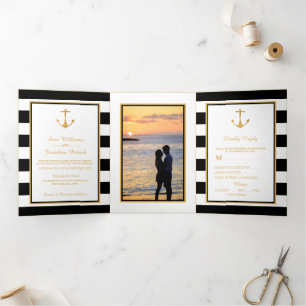Invitation Trois Volets Ancre d'or Suite Mariage en bande noire et blanche