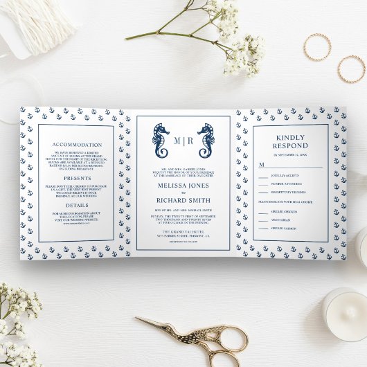 Invitation Trois Volets Ancre nautique blanc et bleu Mariage hippocampe