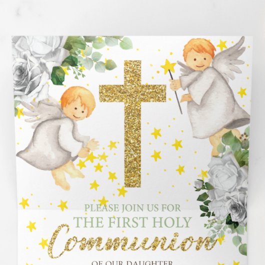 Invitation Trois Volets Anges de la première communion Or Genre Neutre (Intérieur en premier)