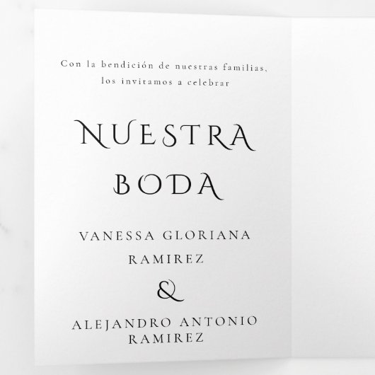 Invitation Trois Volets Anglais et Espagnol Nuestra Boda Mariage bilingue (Intérieur en premier)