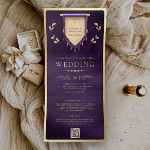 Invitation Trois Volets Antique Violet Or Enluminure Mariage Médiéval