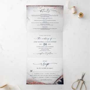 Invitation Trois Volets Aquarelle Abstraite moderne Rose de marine Mariage
