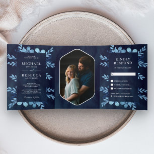 Invitation Trois Volets Aquarelle bleu Dusty Floral Photo Marine Mariage
