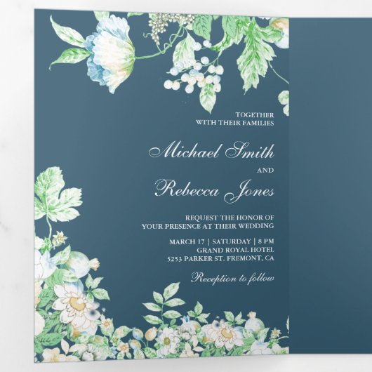 Invitation Trois Volets Aquarelle bleu Dusty Mariage de feuillage botaniqu (Intérieur en premier)