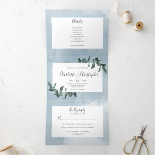 Invitation Trois Volets aquarelle bleu eucalyptus en un seul mariage