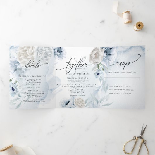 Invitation Trois Volets Aquarelle Bleu Floral TOUT EN UN MARIAGE 2 (Intérieur)