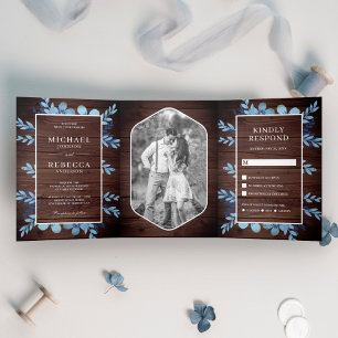 Invitation Trois Volets Aquarelle bleu foncé Mariage en bois photo