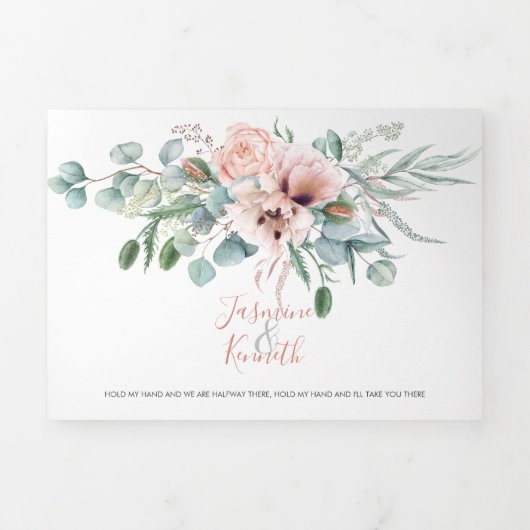 Invitation Trois Volets Aquarelle bleu rose et ivoire Mariage floral | (Page de couverture)