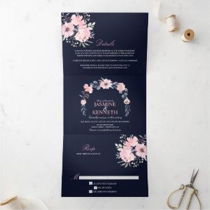 Invitation Trois Volets Aquarelle bleu rose et marine Mariage floral