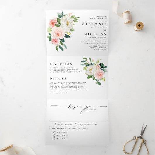 Invitation Trois Volets Aquarelle Blush et Fleurs blanches Mariage de prin (Intérieur)