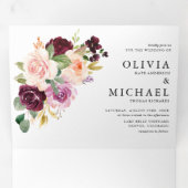 Invitation Trois Volets Aquarelle Bourgogne et Mariage de automne Floral B (Intérieur en premier)