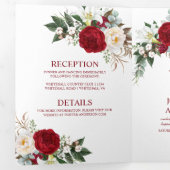 Invitation Trois Volets Aquarelle Bourgogne & Roses Blanches, Lily, Verdur (Intérieur en premier)