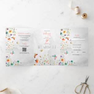 Invitation Trois Volets Aquarelle colorée Floral Butterfly Mariage
