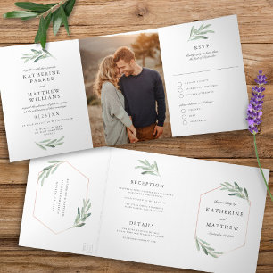 Invitation Trois Volets Aquarelle d'olive et Mariage d'or Faux Rose Photo