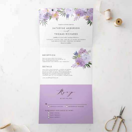 Invitation Trois Volets Aquarelle Dusty Purple Fleurs Mariage botanique (Intérieur)