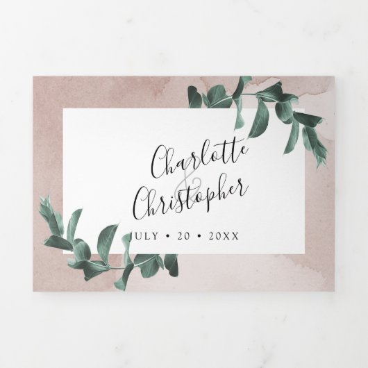 Invitation Trois Volets aquarelle eucalyptus rose tout en un mariage (Page de couverture)