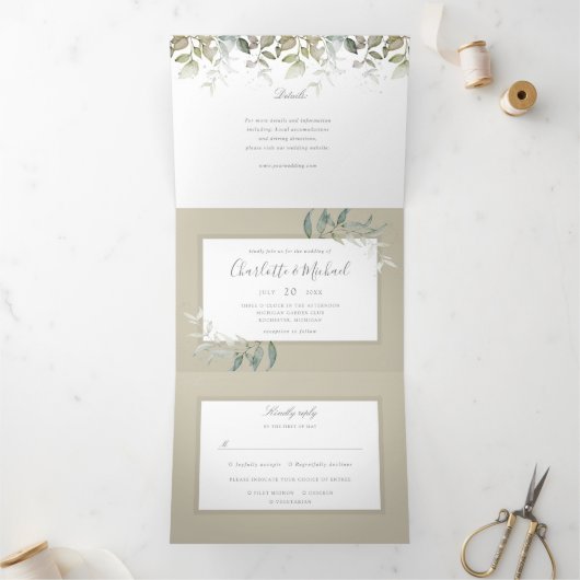 Invitation Trois Volets aquarelle feuillage végétation botanique (Intérieur)