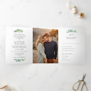 Invitation Trois Volets Aquarelle feuillue et Faux Rose Mariage d'or Photo