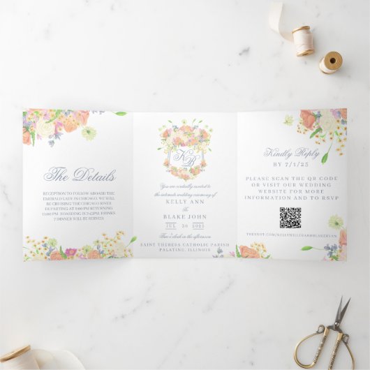 Invitation Trois Volets Aquarelle Floral Jardin Mariage Crest (Intérieur)