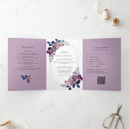 Invitation Trois Volets Aquarelle Floral moderne QR Code Mariage (Intérieur)