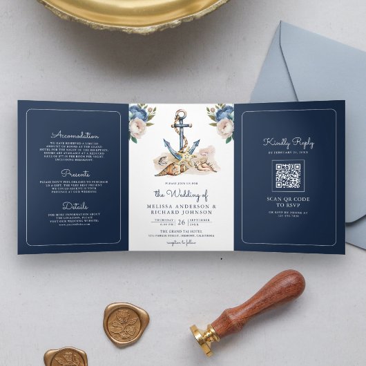 Invitation Trois Volets Aquarelle Marine bleu Ancre florale QR Code Mariag