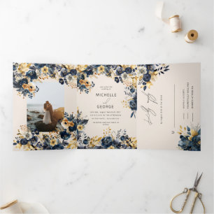 Invitation Trois Volets Aquarelle Midnight Blue Gold Floral