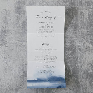 Invitation Trois Volets Aquarelle moderne   Mariage photo bleu tout en un