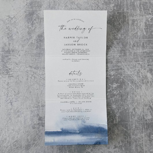 Invitation Trois Volets Aquarelle moderne | Mariage photo bleu tout en un