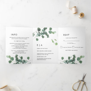 Invitation Trois Volets Aquarelle moderne verdure Eucalyptus Mariage Tri-