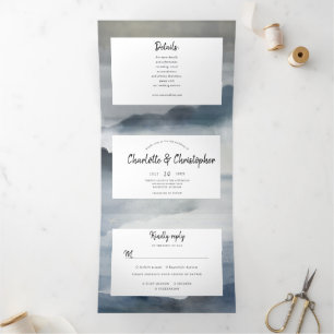 Invitation Trois Volets Aquarelle paysage indigo tout en un mariage