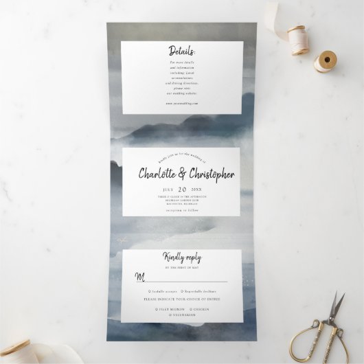 Invitation Trois Volets Aquarelle paysage indigo tout en un mariage (Intérieur)