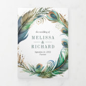 Invitation Trois Volets Aquarelle Peacock Plumes florales QR Code Mariage (Page de couverture)
