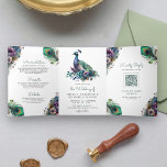 Invitation Trois Volets Aquarelle Peacock Plumes florales QR Code Mariage<br><div class="desc">Éblouissez vos invités avec cette élégante invitation de mariage tout en un avec un paon magnifique et des plumes élégantes avec QR Code pour RSVP en ligne. Ajoutez simplement les détails de votre événement sur ce modèle facile à utiliser et ornez cette carte avec vos photos préférées pour en faire...</div>