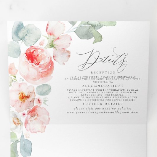 Invitation Trois Volets Aquarelle rose pâle douce Fleurs Mariage élégant (Intérieur en premier)